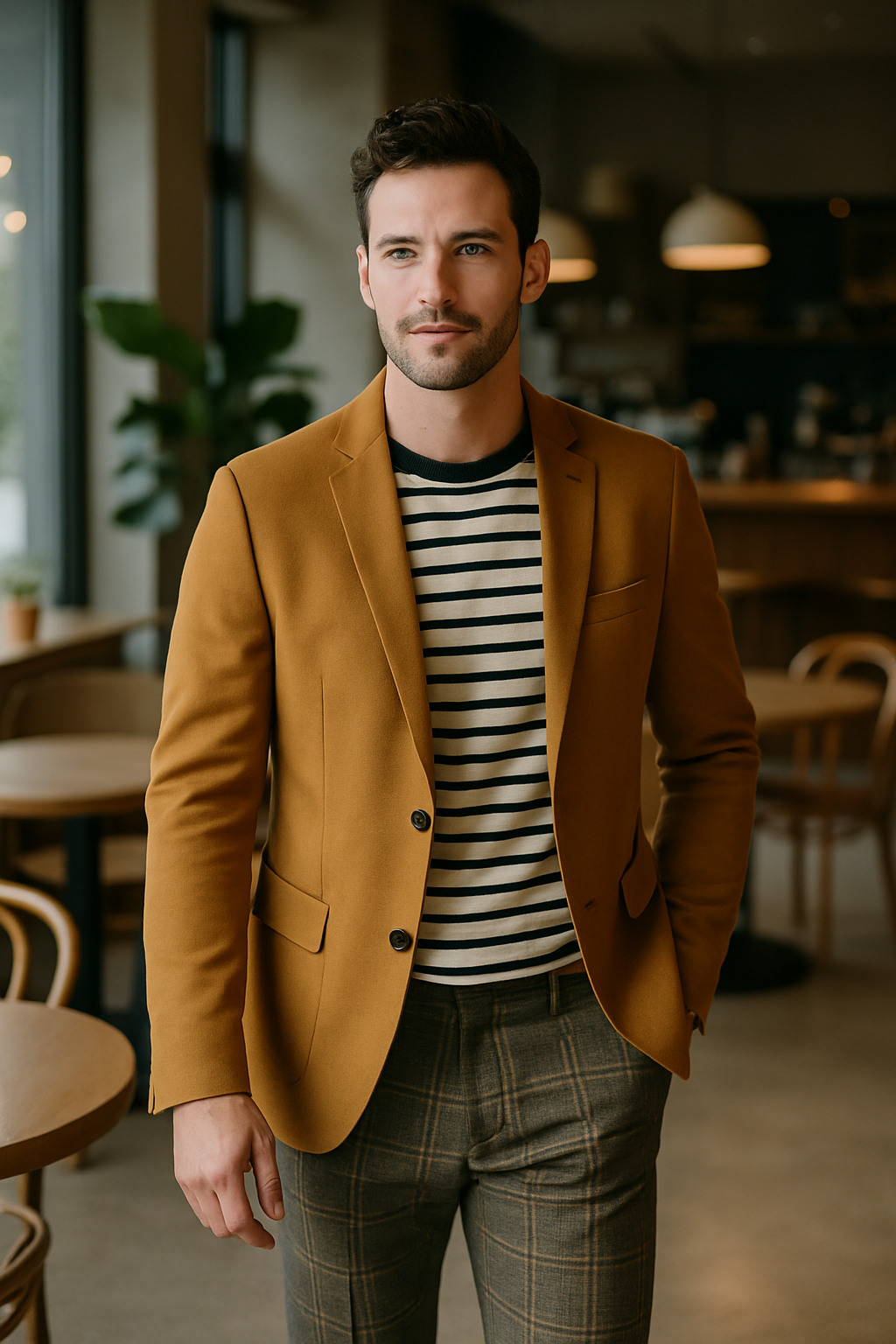 A man wearing a mustard blazer over a striped shirt and plaid trousers, showcasing a stylish outfit with mixed patterns.