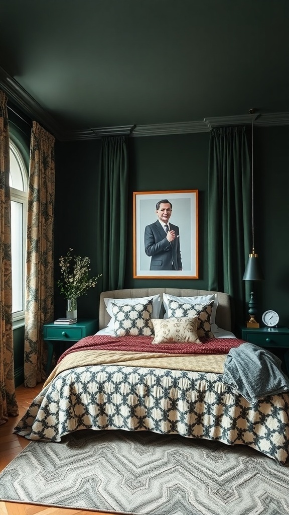 A dark green bedroom featuring patterned bedding, curtains, and a framed portrait.
