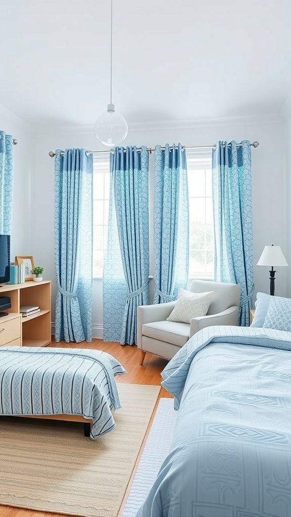 A light blue dorm room featuring patterned curtains and bedding.