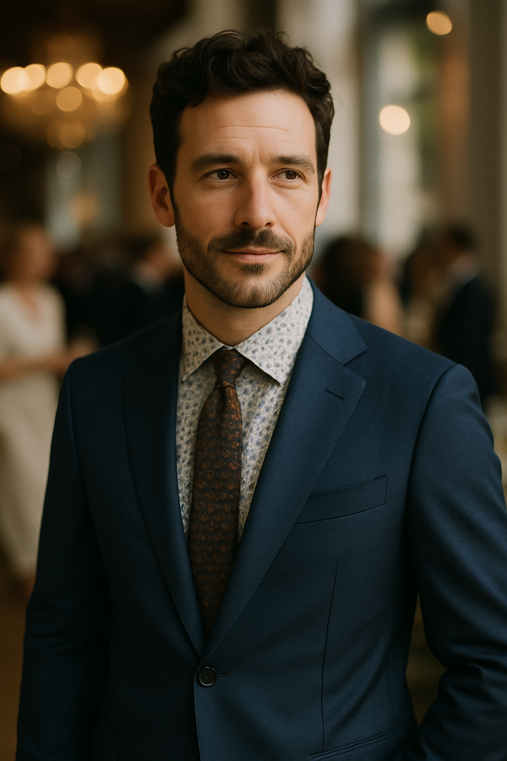 A man in a navy blue suit with a patterned shirt and tie, showcasing a stylish mix of patterns.