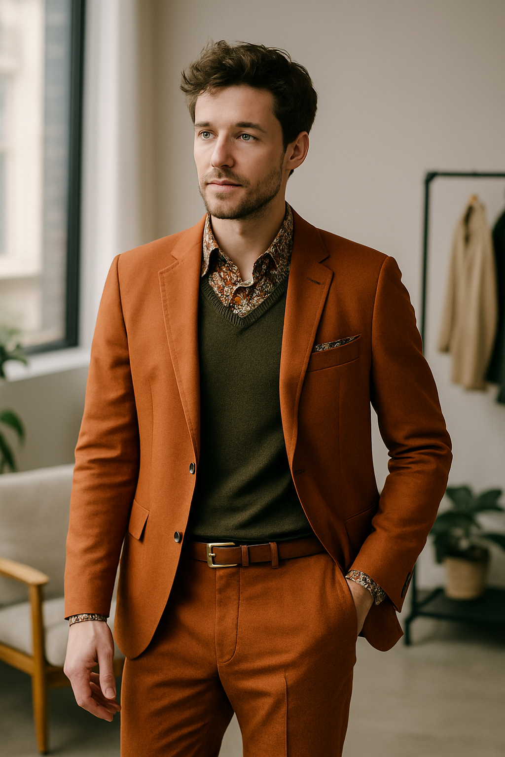 A man in an orange suit with a patterned shirt and dark green sweater, standing in a stylish indoor setting.
