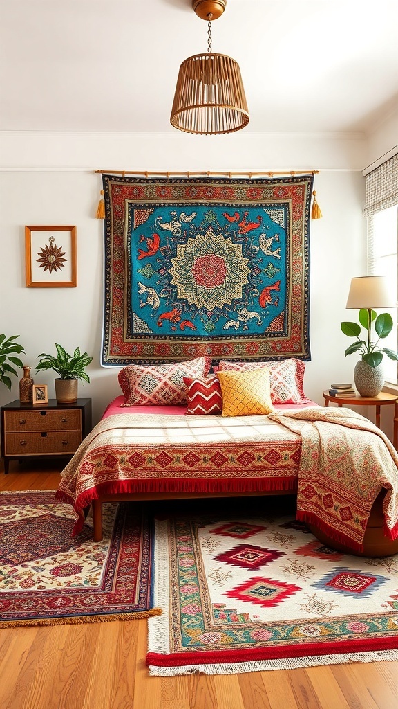 A cozy bedroom featuring a colorful tapestry on the wall, a bed with patterned pillows, and rugs with various designs.