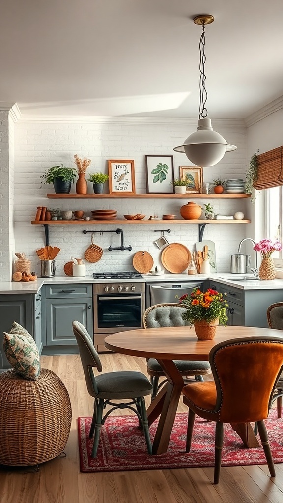 A colorful kitchen featuring gray cabinets, wooden shelves, a round wooden table, and various plants and decor.