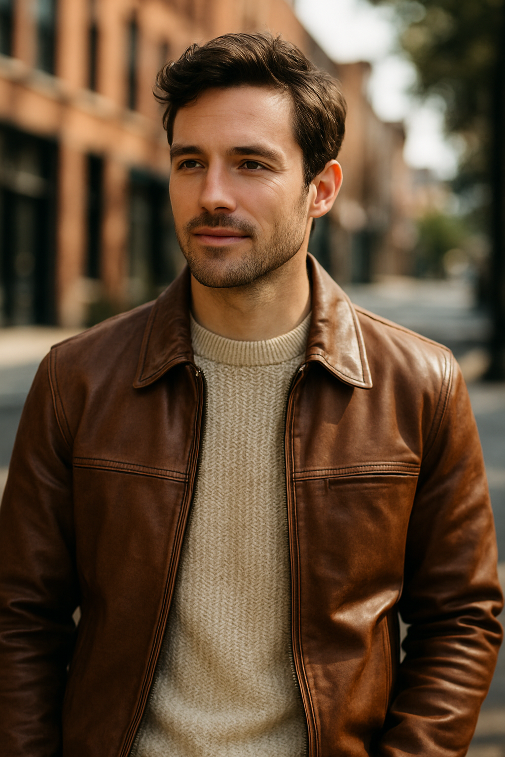 A man wearing a brown leather jacket over a wool sweater, standing outdoors.