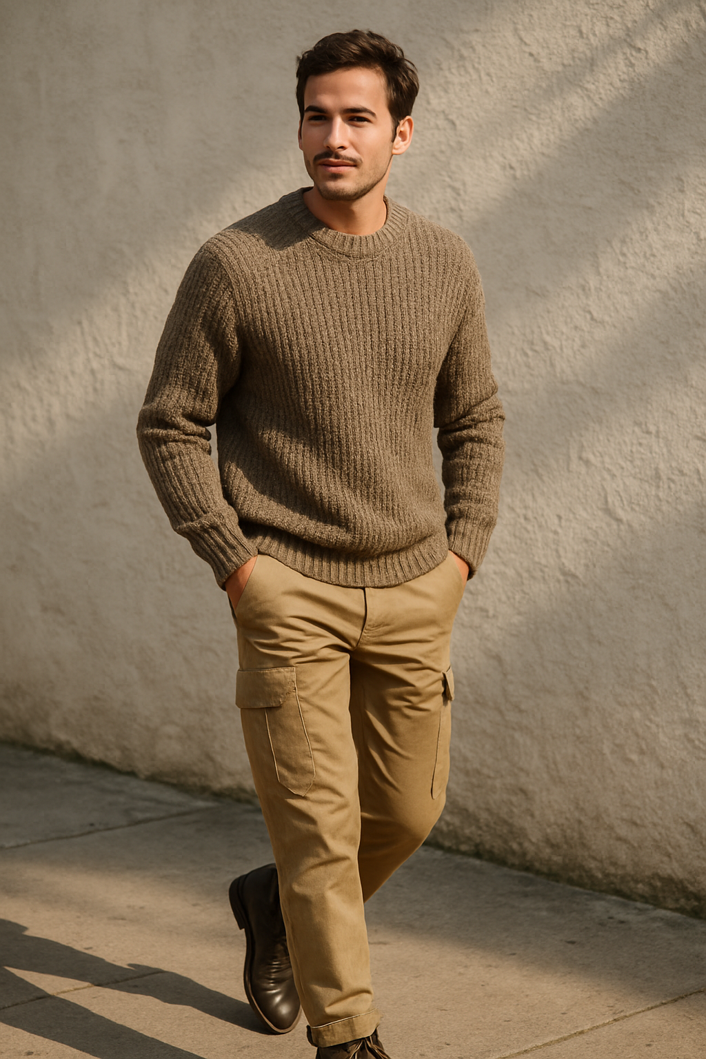 A man wearing beige cargo pants and a ribbed sweater, walking casually.
