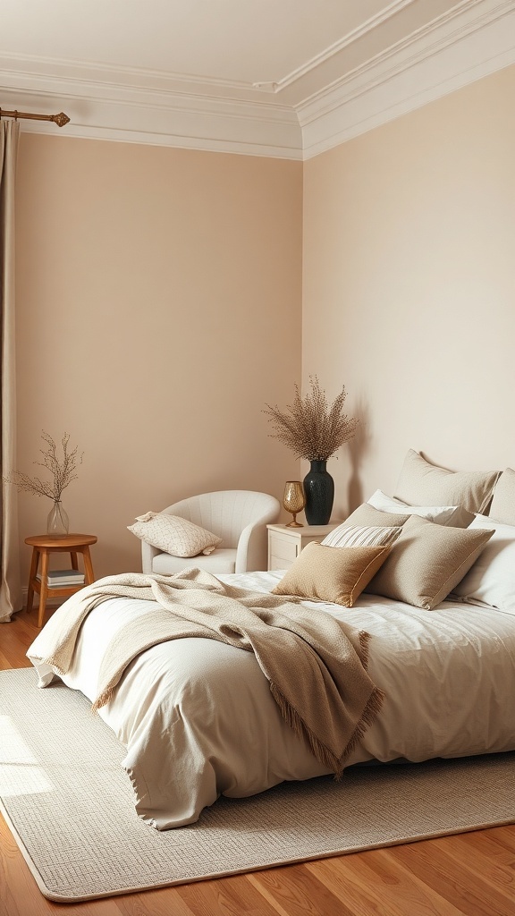 A cozy beige bedroom featuring layered bedding, textured pillows, and a natural decor.