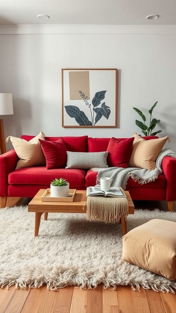 A cozy living room featuring a red couch, wooden coffee table, and a shaggy rug.