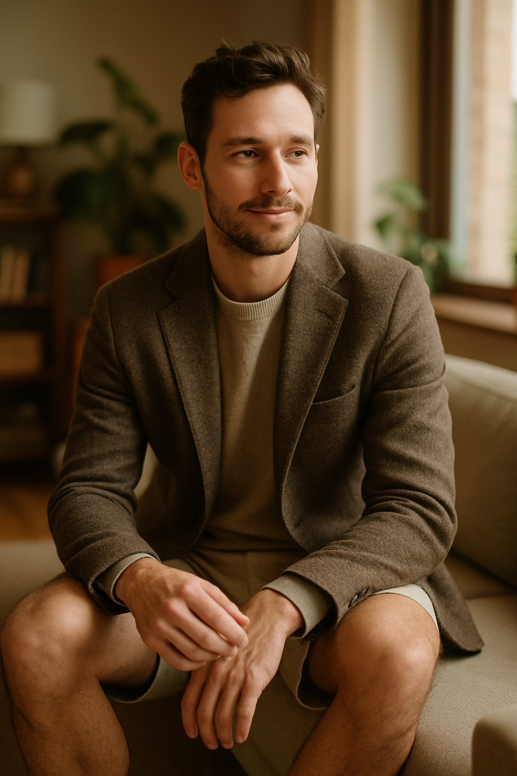 A man wearing a brown blazer over a sweater and shorts, sitting comfortably.