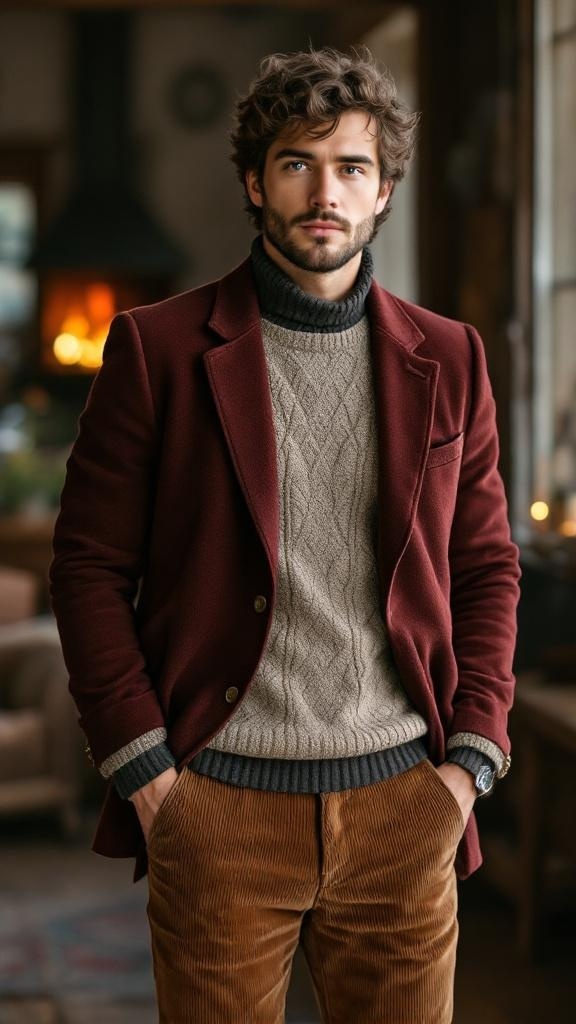 A stylish outfit featuring a maroon blazer over a cream knit sweater and brown corduroy pants.