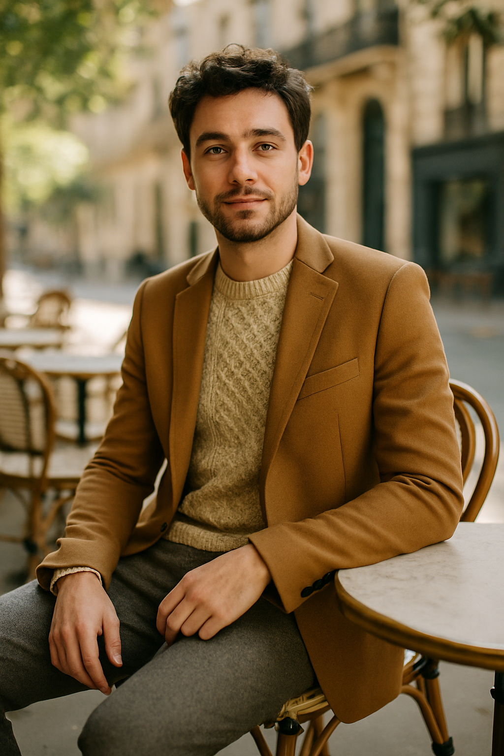 A man wearing a mustard blazer over a textured knit sweater, sitting at a café.