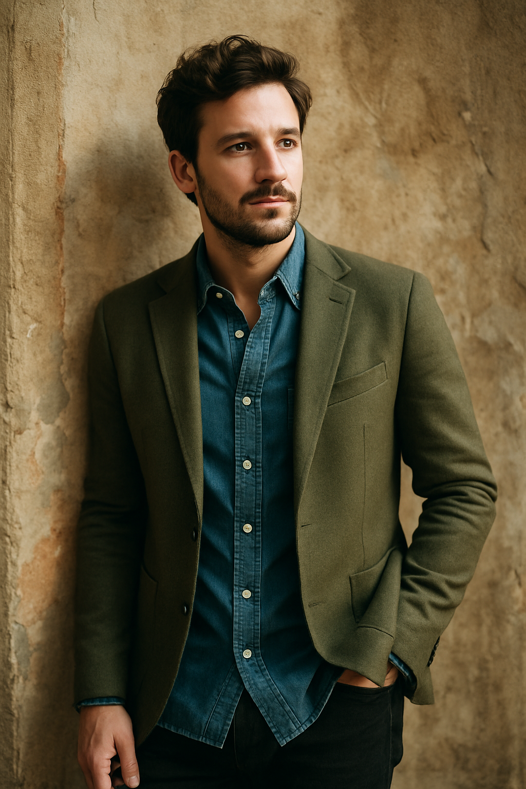 A man wearing an olive blazer over a denim shirt, leaning against a textured wall.