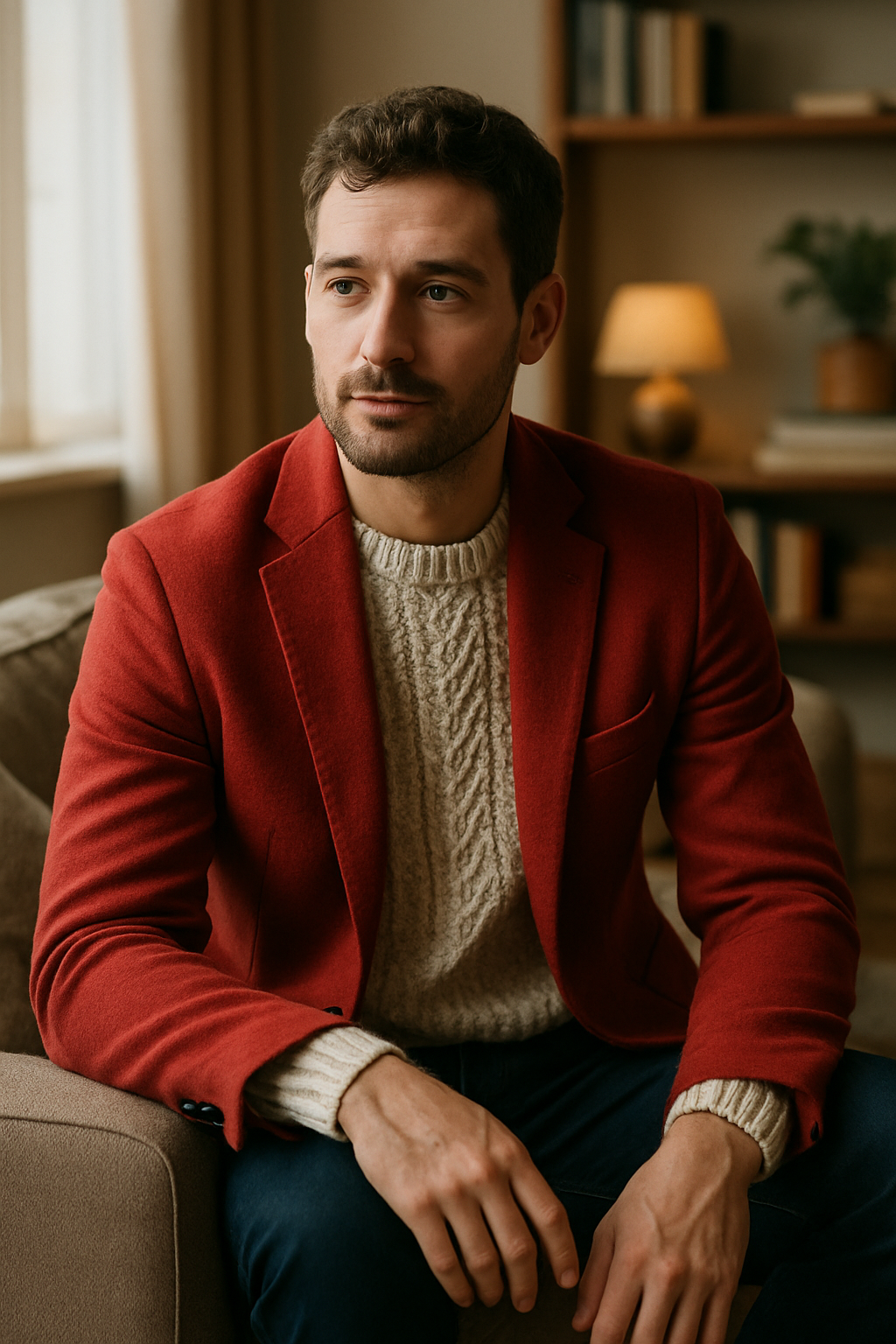 A man wearing a red blazer and a cream knit sweater, seated comfortably.