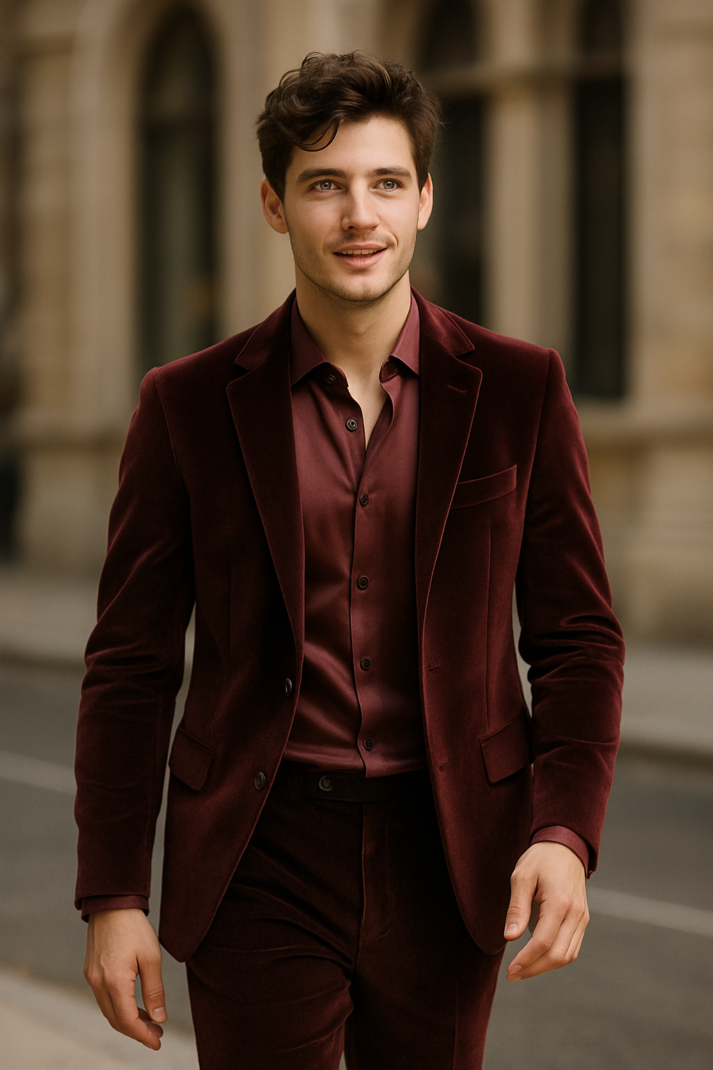 A young man wearing a burgundy velvet suit with a matching silk shirt, walking confidently.