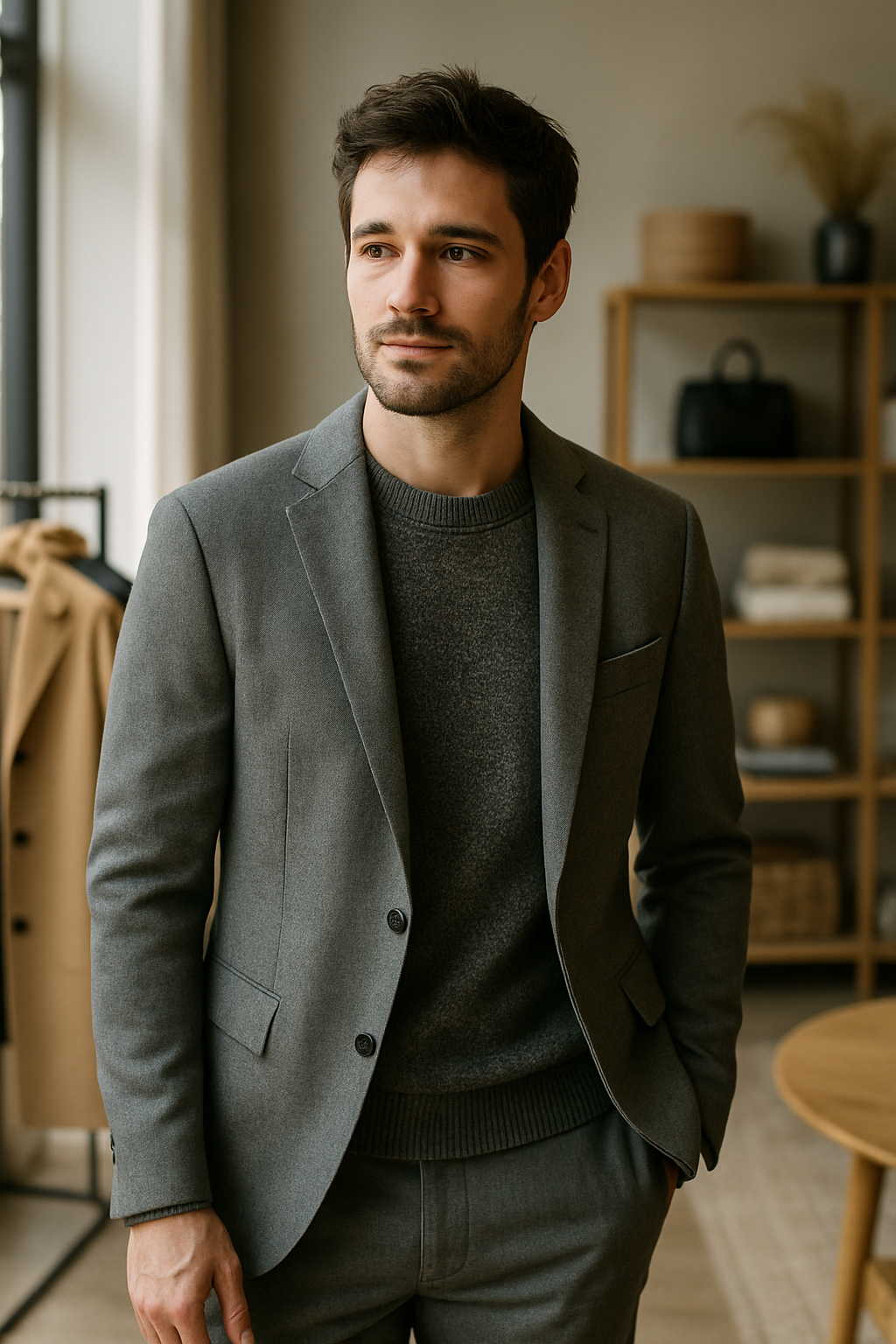A man wearing a gray blazer over a textured sweater, standing in a stylish interior.