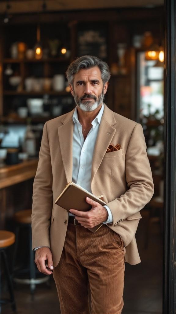 A man wearing a beige blazer and corduroy pants, standing in a cafe.