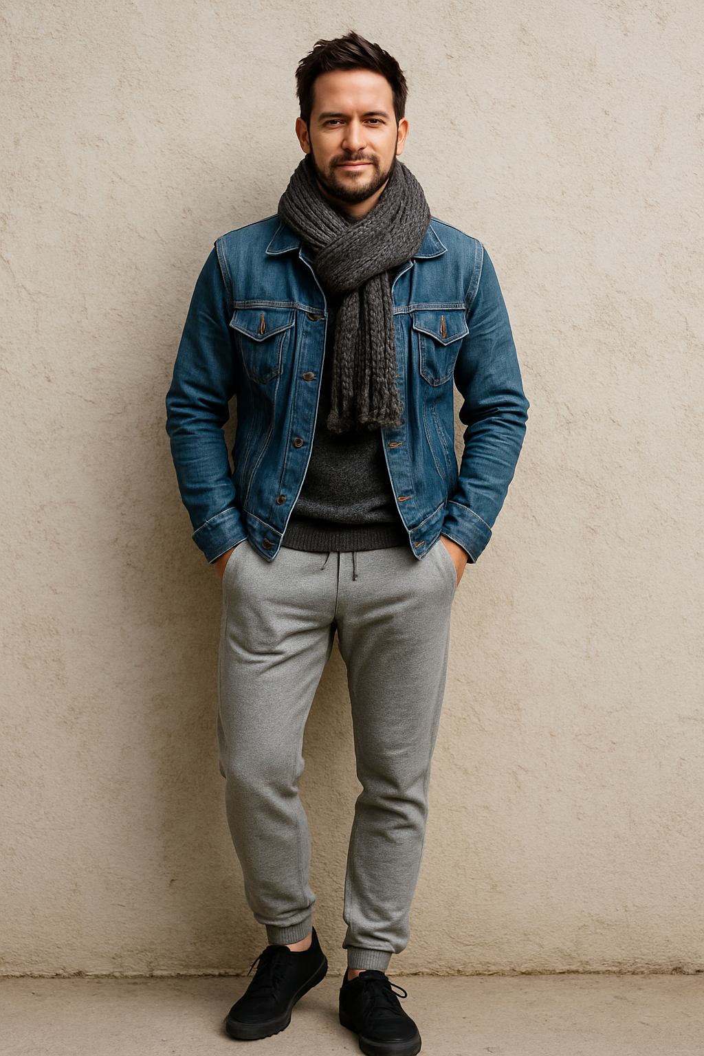 A man wearing joggers, a denim jacket, and a scarf, showcasing a stylish mix of textures.