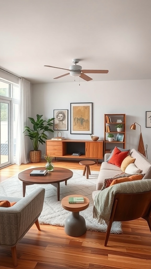 Cozy mid-century modern living room with vintage and contemporary elements.