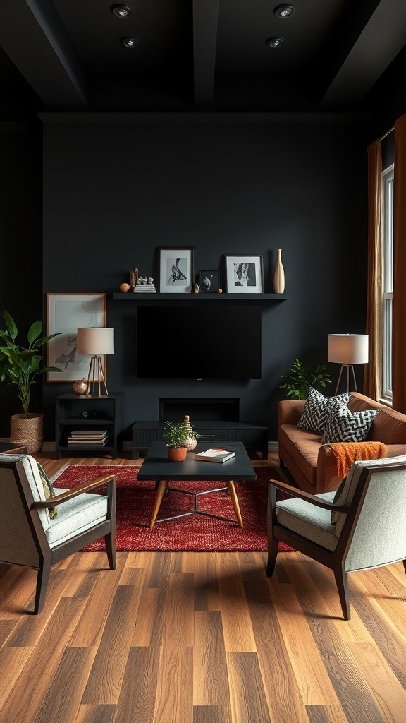 A cozy living room with dark walls, vintage and modern furniture, and decorative elements.