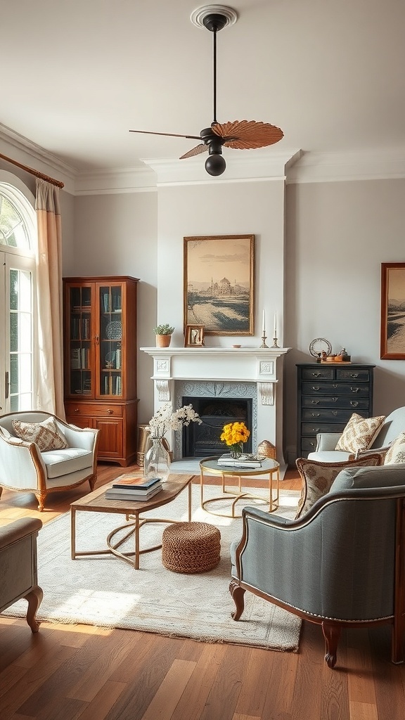 A cozy contemporary living room featuring vintage and modern furniture, soft colors, and warm wood tones.