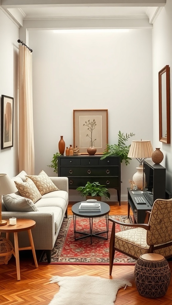 A cozy living room featuring a mix of vintage and modern furniture, with a neutral sofa, patterned pillows, a vintage rug, and plants.