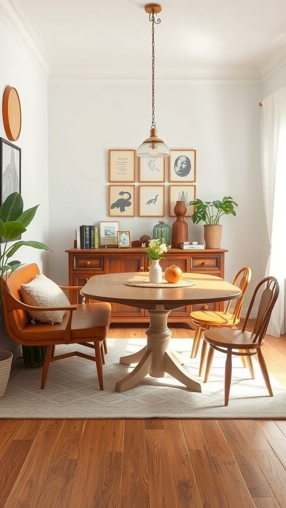 A small dining room featuring a mix of vintage and modern styles with a round table, modern chairs, and framed artwork.