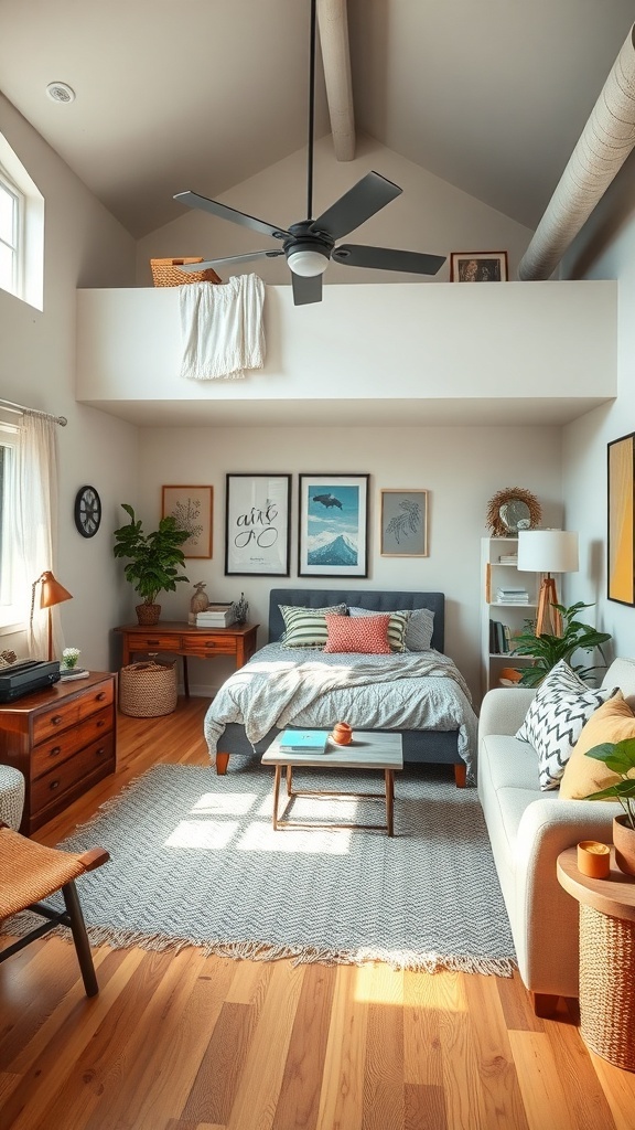 A cozy teen loft bedroom featuring a mix of vintage and modern styles, with wooden floors, vintage furniture, and contemporary decor.