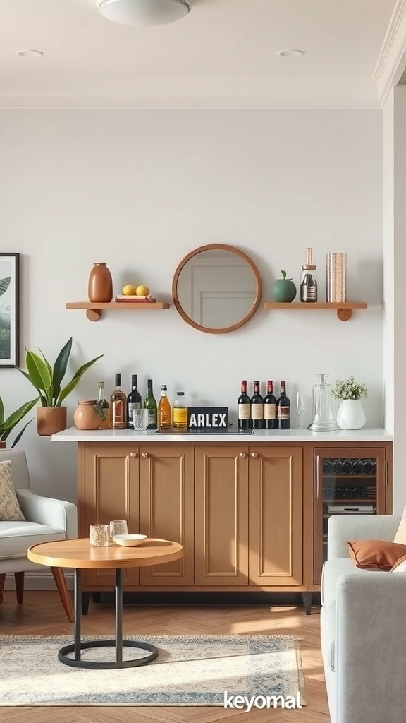 A stylish tiny bar setup featuring a wooden cabinet with various bottles, glasses, and decorative items.