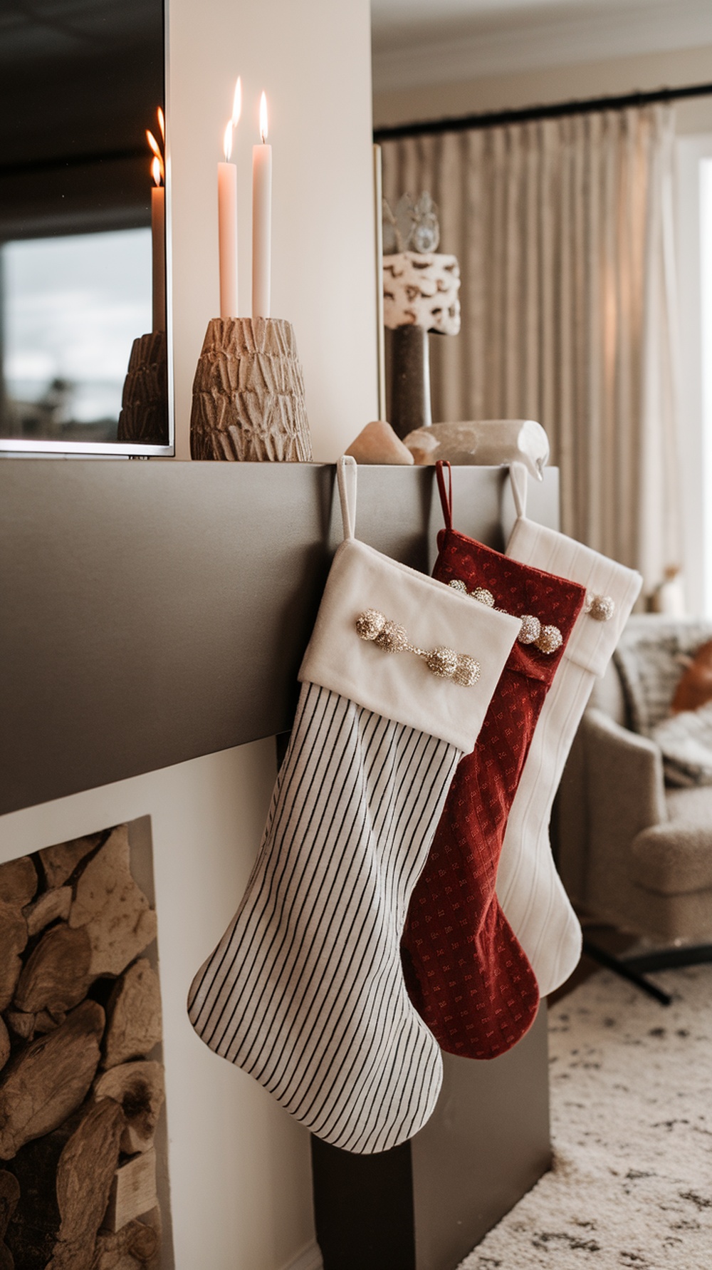 Three modern Christmas stockings hanging from a mantel, featuring a striped design, a rich red texture, and a soft cream color with decorative buttons.