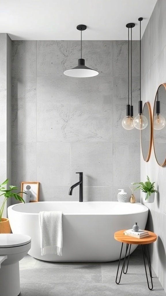 Modern bathroom featuring concrete walls, a white bathtub, pendant lights, and decorative plants.