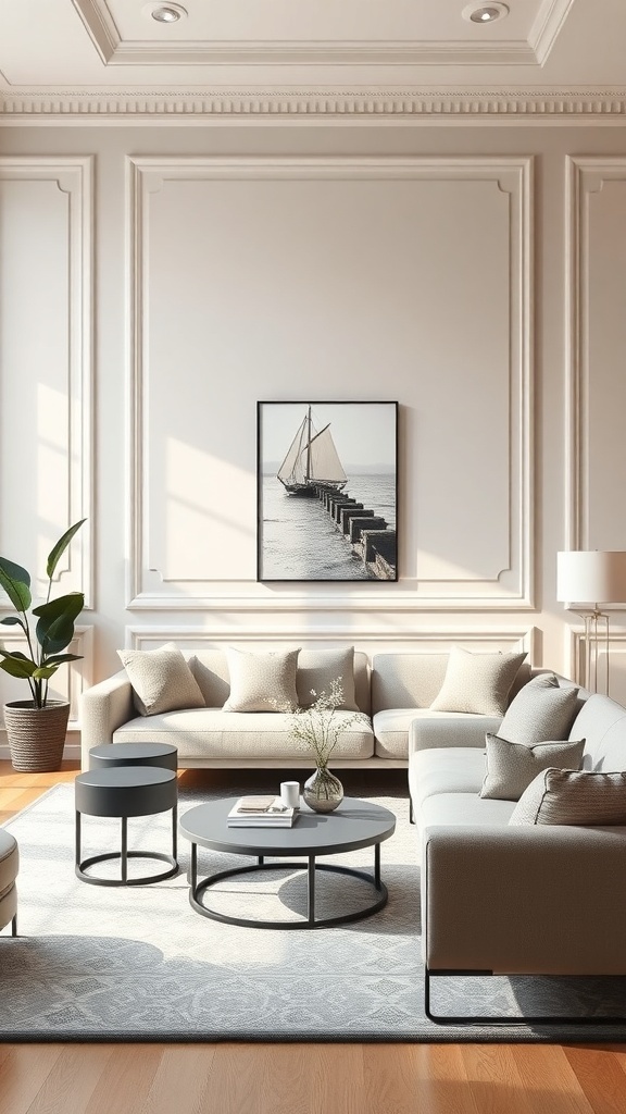 A modern living room featuring flat panel moulding, light-colored furniture, and a serene atmosphere.