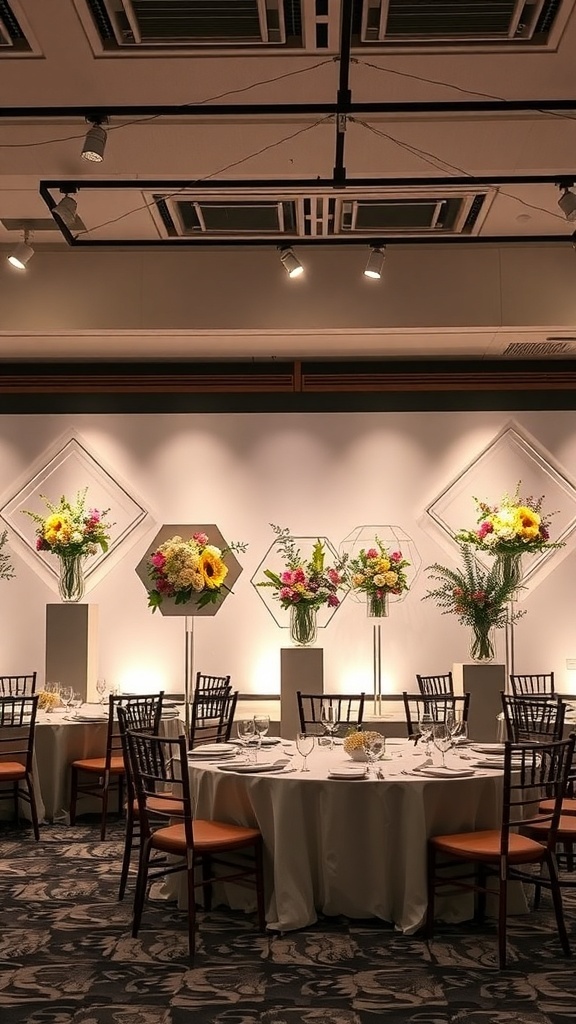 A beautiful setup of modern geometric centerpieces featuring vibrant flowers in various geometric vases.