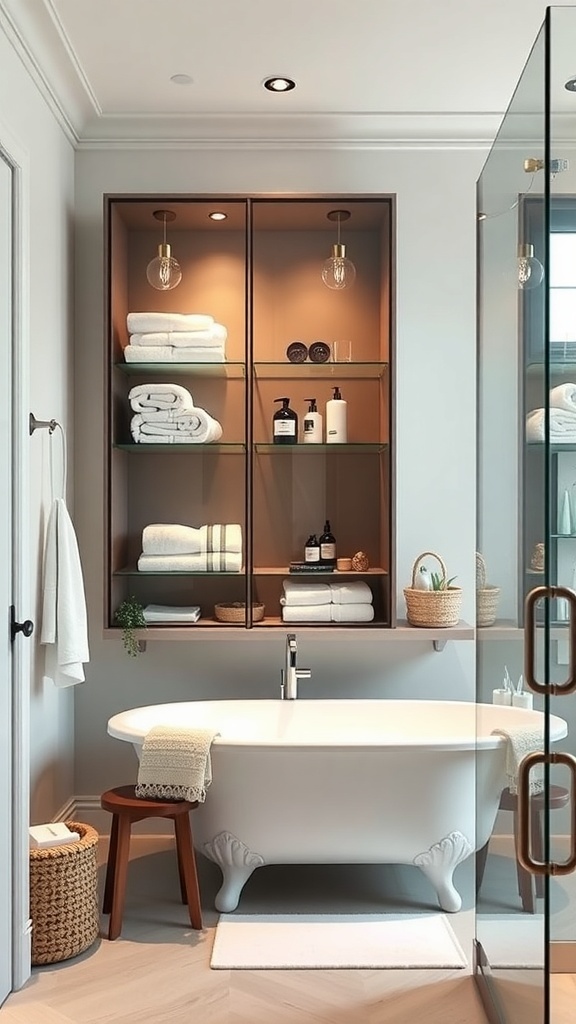 A modern bathroom featuring a glass front cabinet with neatly arranged towels and toiletries.