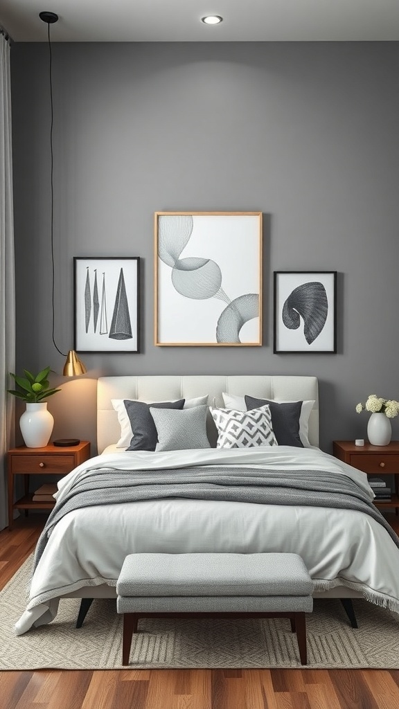 Modern grey bedroom with geometric patterns and stylish decor