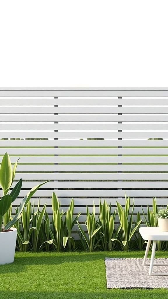 A modern backyard fence with horizontal white slats, surrounded by green plants and a small table.
