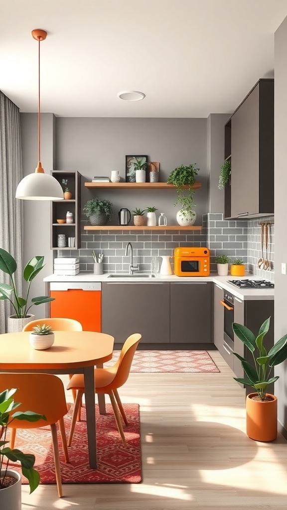 A modern kitchen setup featuring gray cabinets, orange accents, and a cozy dining area with plants.