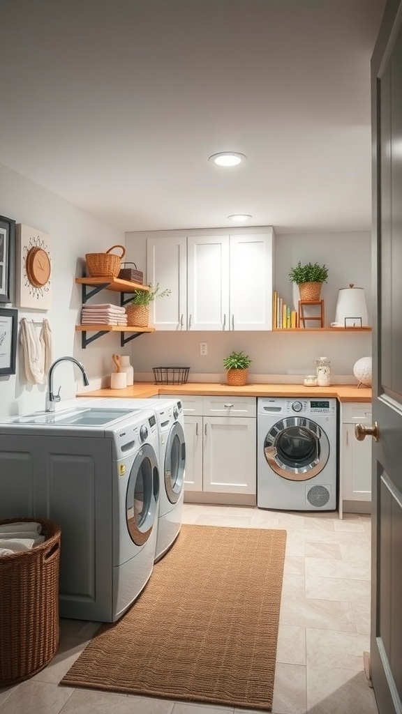 Modern laundry room featuring two washing machines, wooden countertop, open shelves with storage, and a cozy rug.
