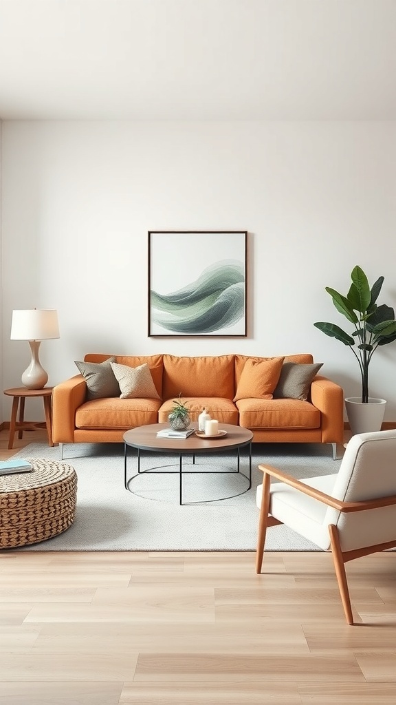 Modern minimalist living room featuring a tan couch, round coffee table, and simple wall art.