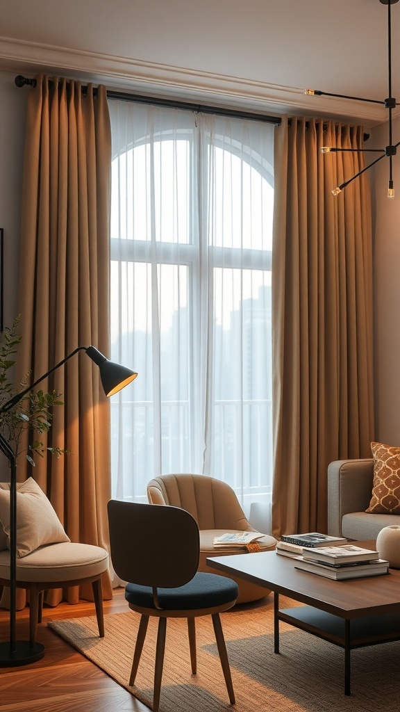 A modern living room featuring double curtain rods with warm-toned drapes and sheer curtains.