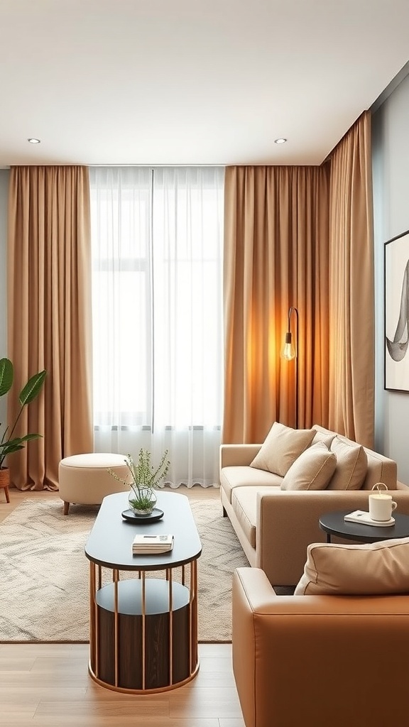 A modern living room featuring solid-colored curtains, a cozy sofa, and a stylish coffee table.
