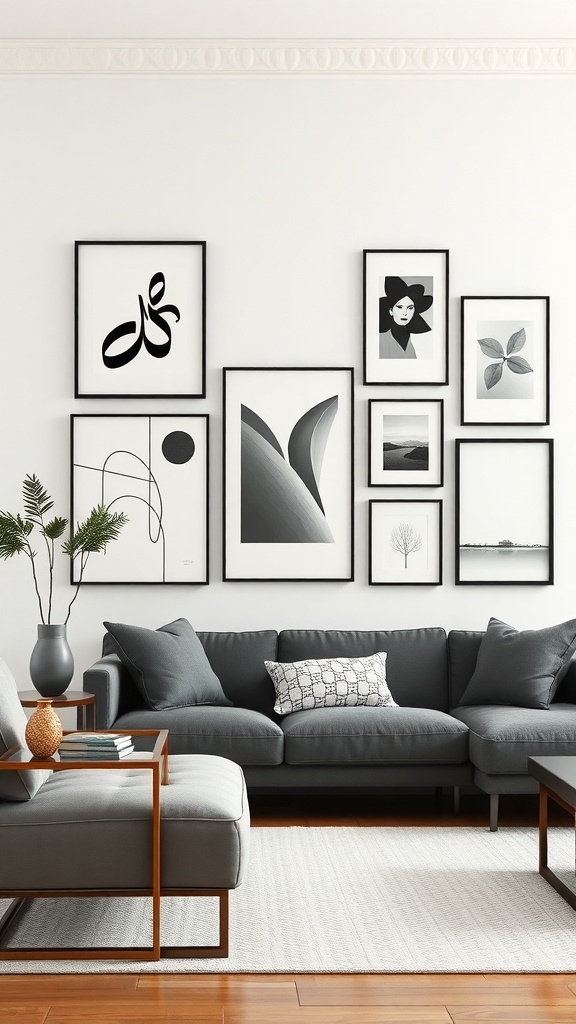 A modern minimalist gallery wall featuring black and white framed art above a gray sectional sofa.