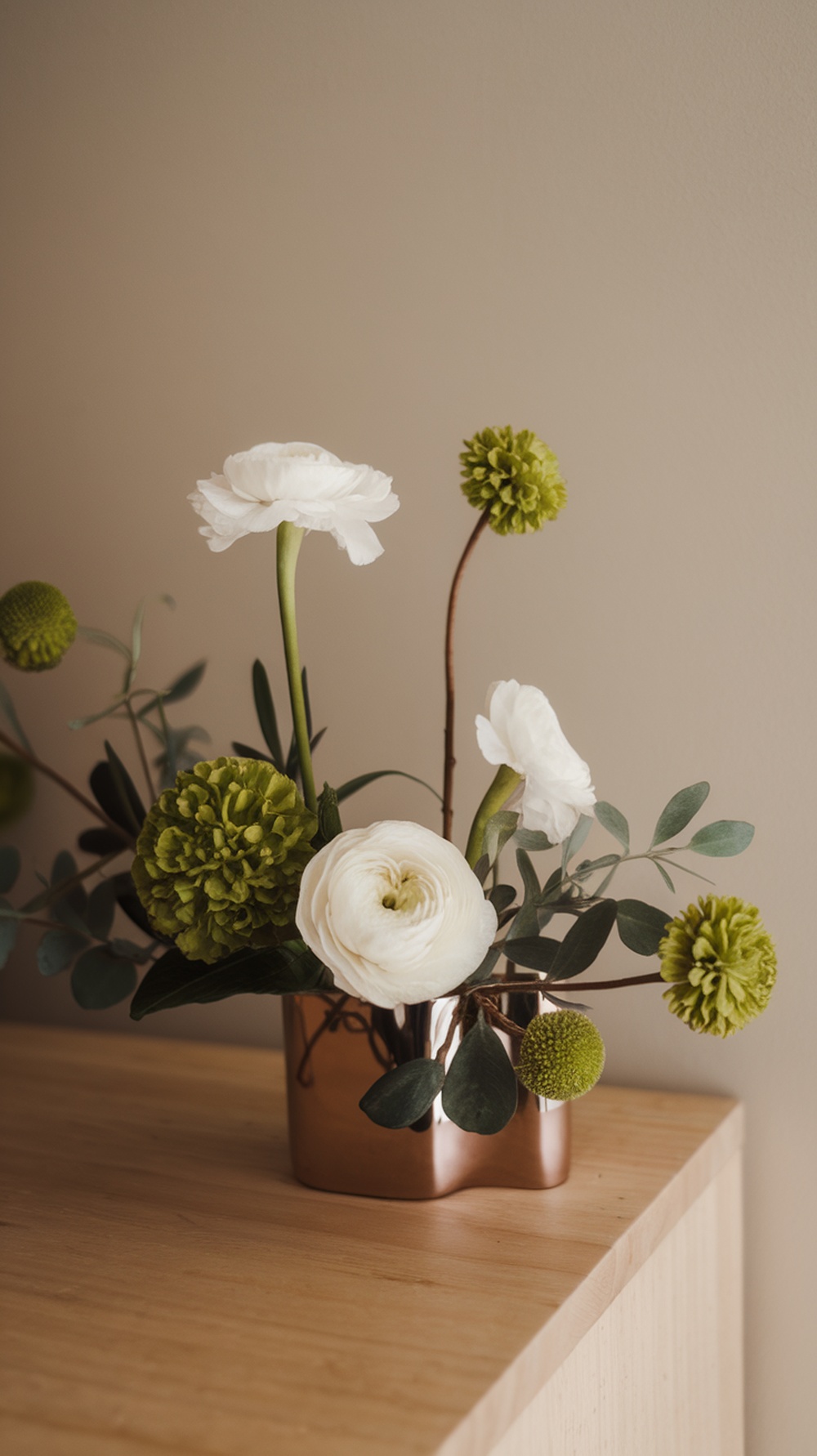 A modern minimalist flower arrangement featuring white flowers and green accents in a sleek metallic vase.