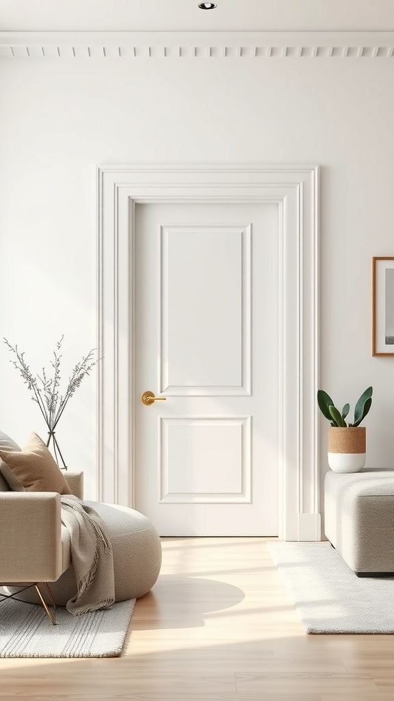 A modern minimalist door casing with a white door, golden doorknob, and neutral decor.