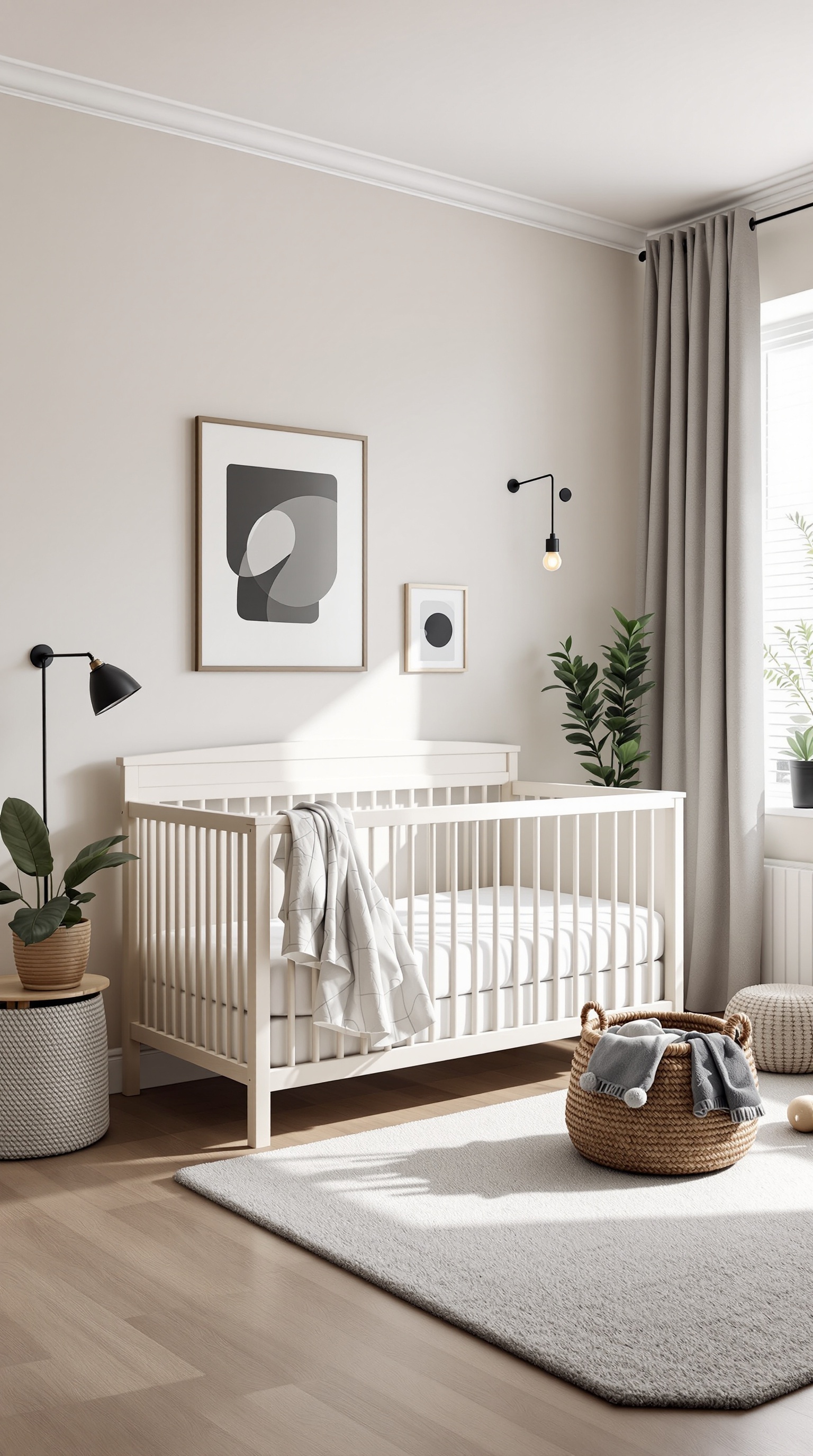 A modern minimalist baby boy bedroom featuring a crib, soft colors, and stylish decor.