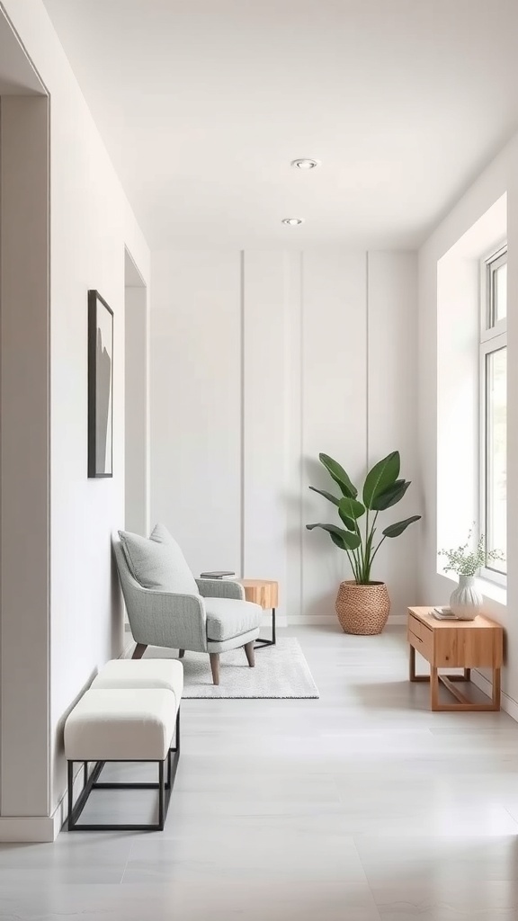 A modern minimalist hallway with vertical paneling, a comfortable armchair, and decorative plants.
