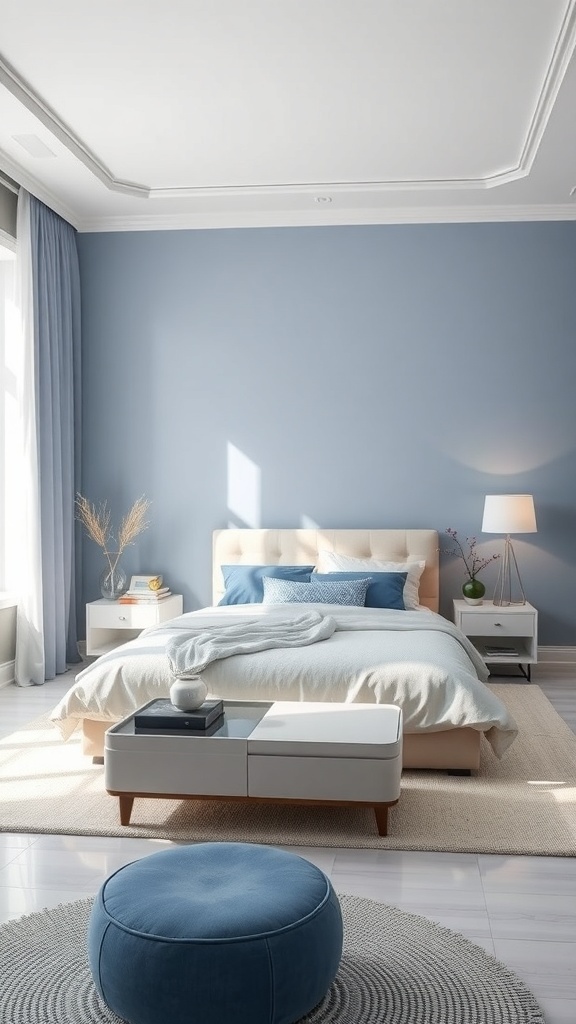 A modern minimalist bedroom with blue walls and white furniture, featuring a plush bed, decorative pillows, and a round ottoman.