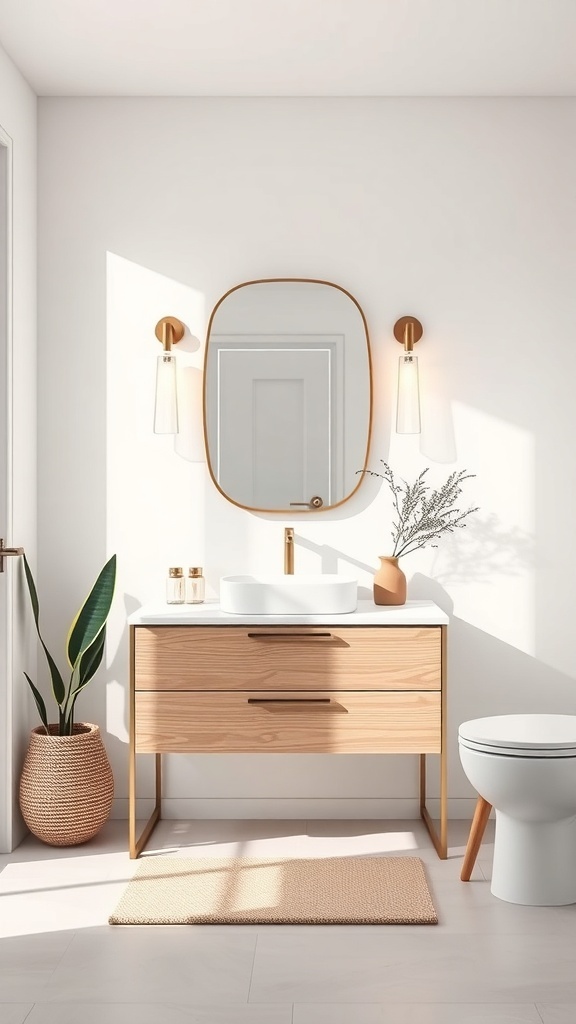 A modern single sink bathroom vanity featuring a wooden cabinet, a round mirror, and stylish lighting fixtures.