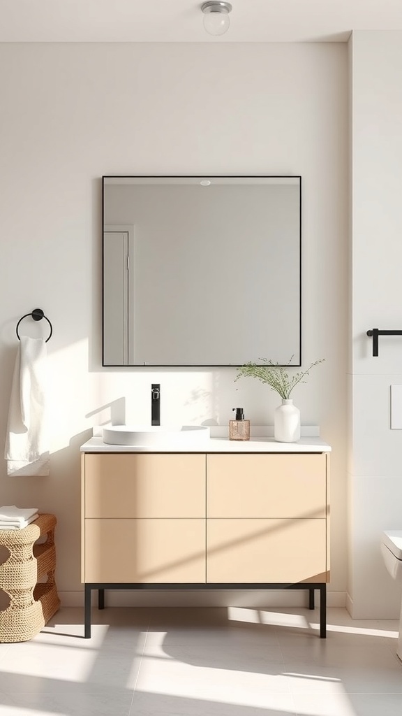 A modern minimalist bathroom vanity with a beige cabinet, white countertop, and large mirror.