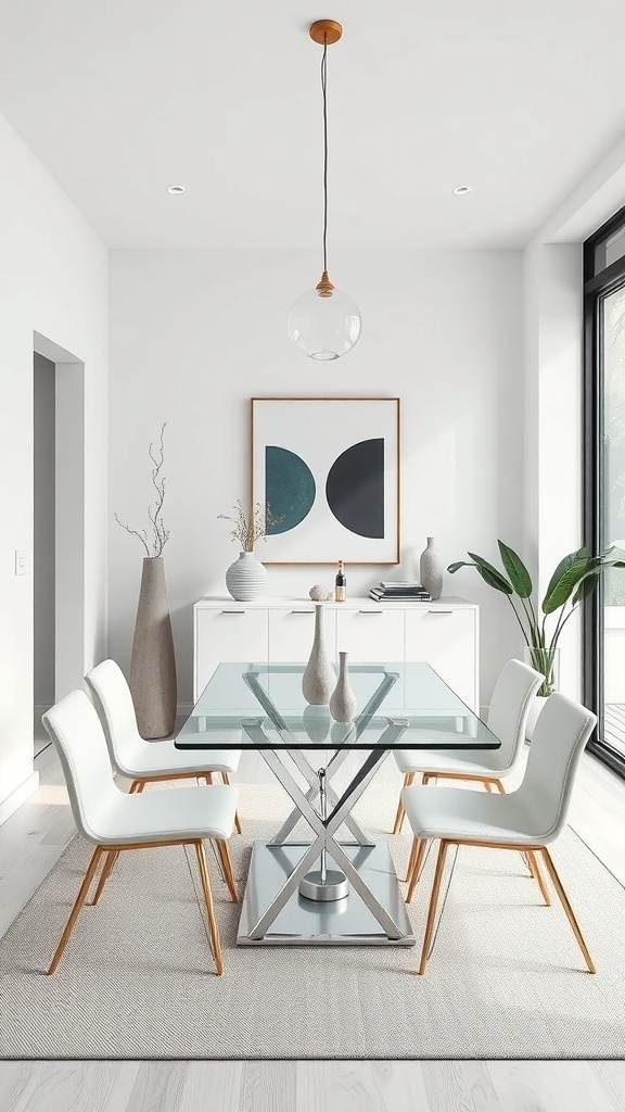 A modern minimalist dining area featuring a glass table, white chairs, and decorative elements.