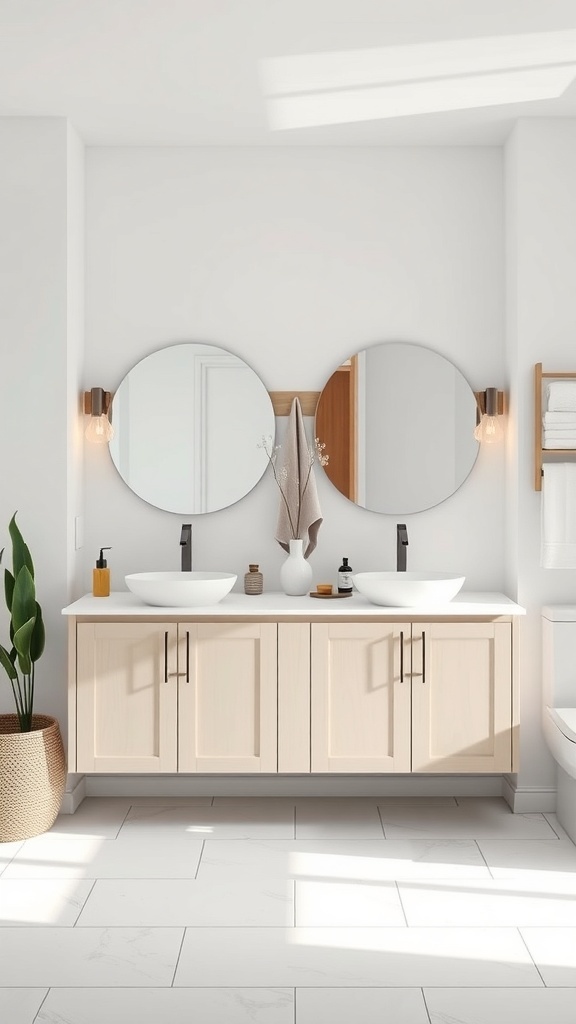Modern minimalist dual vanity bathroom with round mirrors and elegant lighting