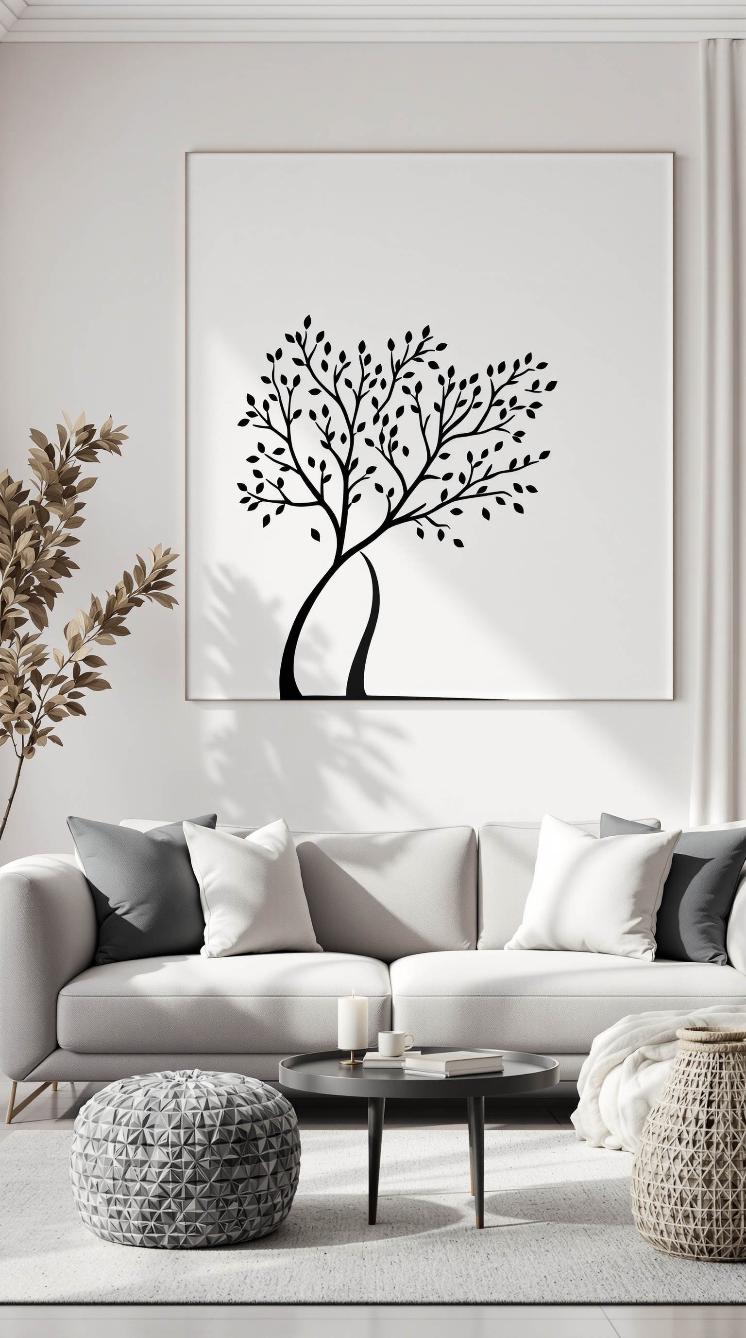 Modern minimalist family tree wall art featuring a black silhouette on a white background in a stylish living room setting.